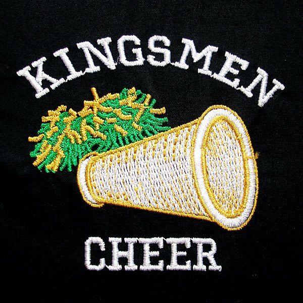 A black square that says Kingmen cheer with a megaphone and green and gold pom pom
